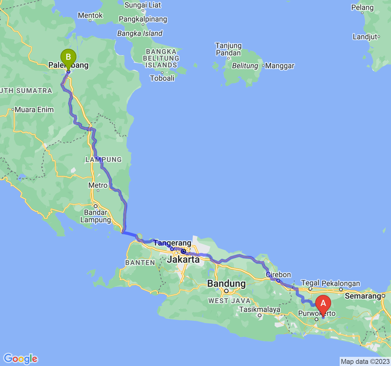 rute perjalanan Kab. Purbalingga-Kota Palembang