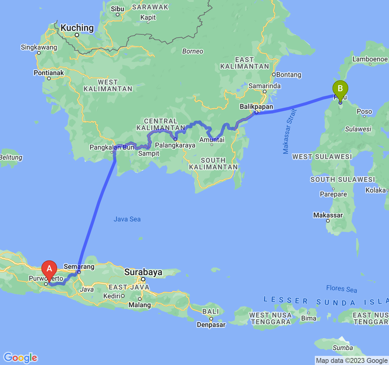 rute perjalanan Kab. Purbalingga-Kota Palu