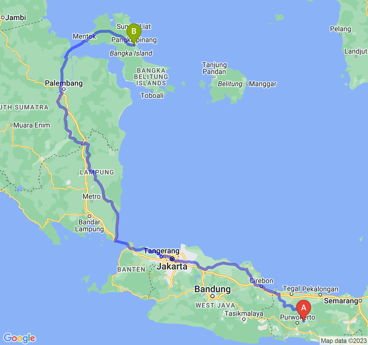 rute perjalanan Kab. Purbalingga-Kota Pangkalpinang