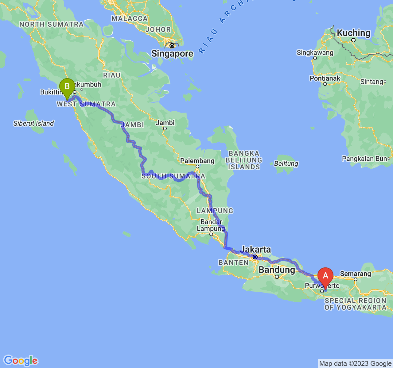 rute perjalanan Kab. Purbalingga-Kota Pariaman