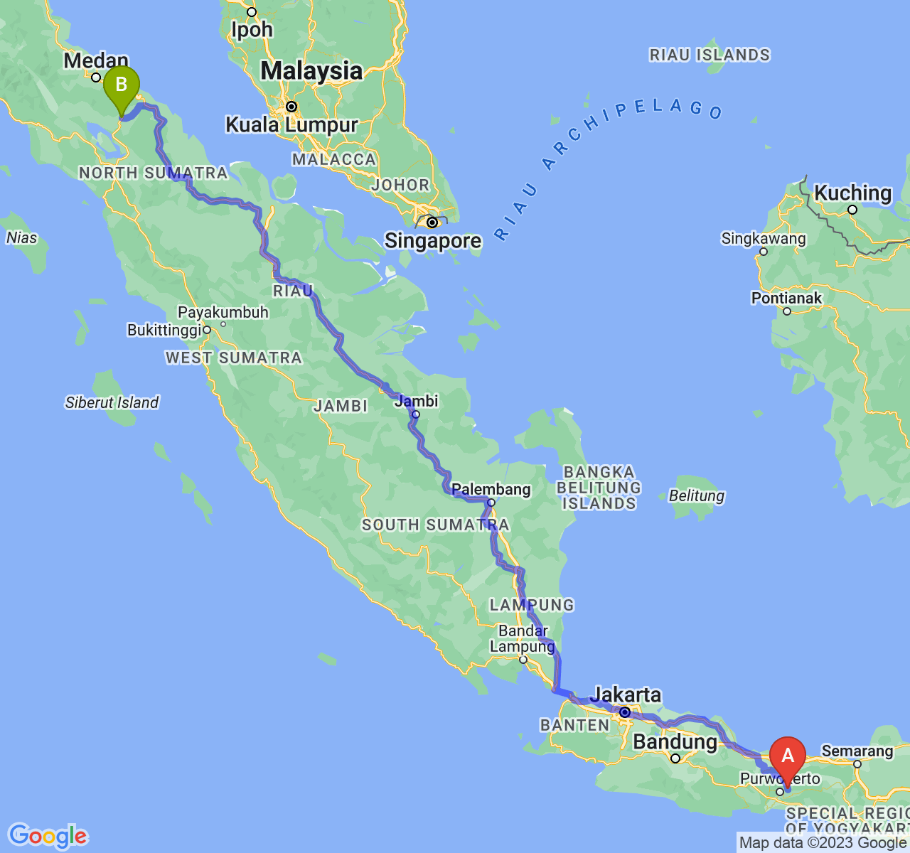 rute perjalanan Kab. Purbalingga-Kota Pematangsiantar