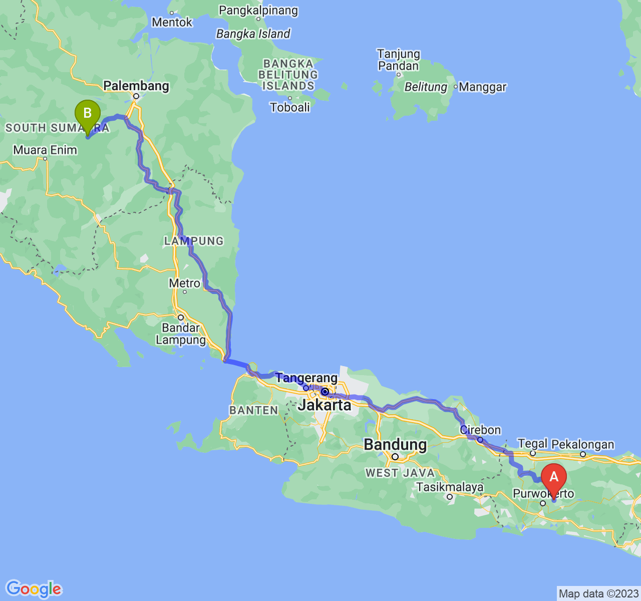 rute perjalanan Kab. Purbalingga-Kota Prabumulih