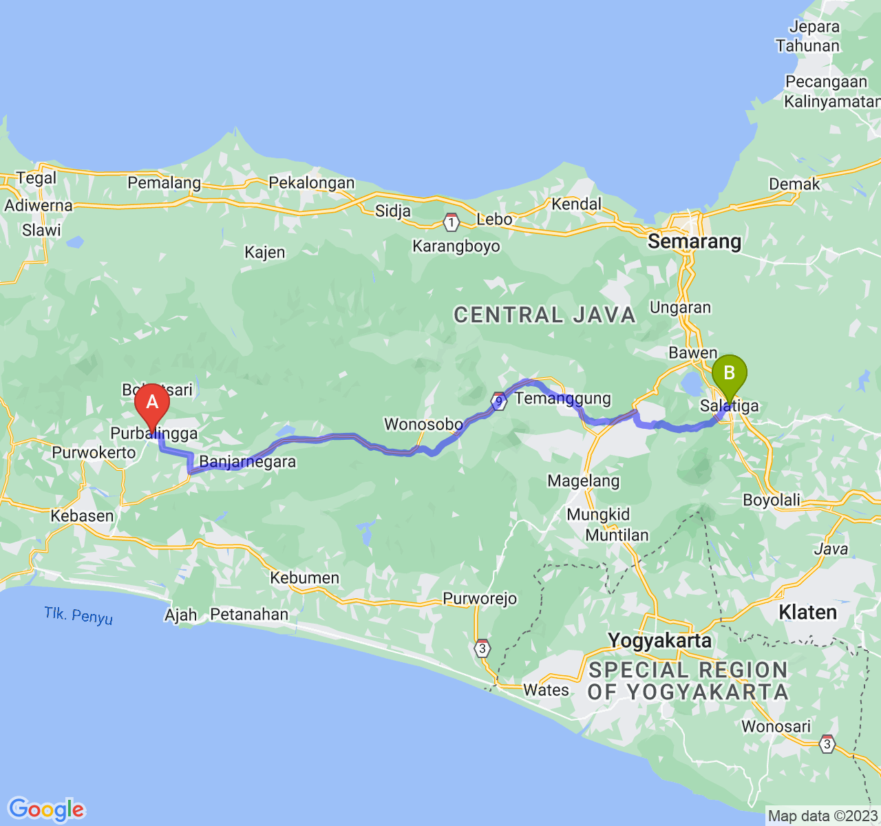 rute perjalanan Kab. Purbalingga-Kota Salatiga