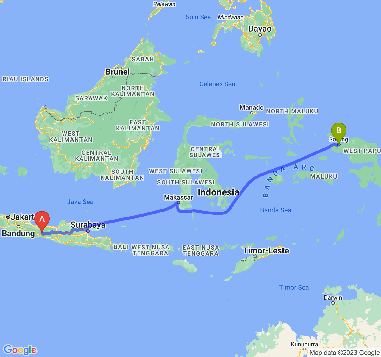 rute perjalanan Kab. Purbalingga-Kota Sorong