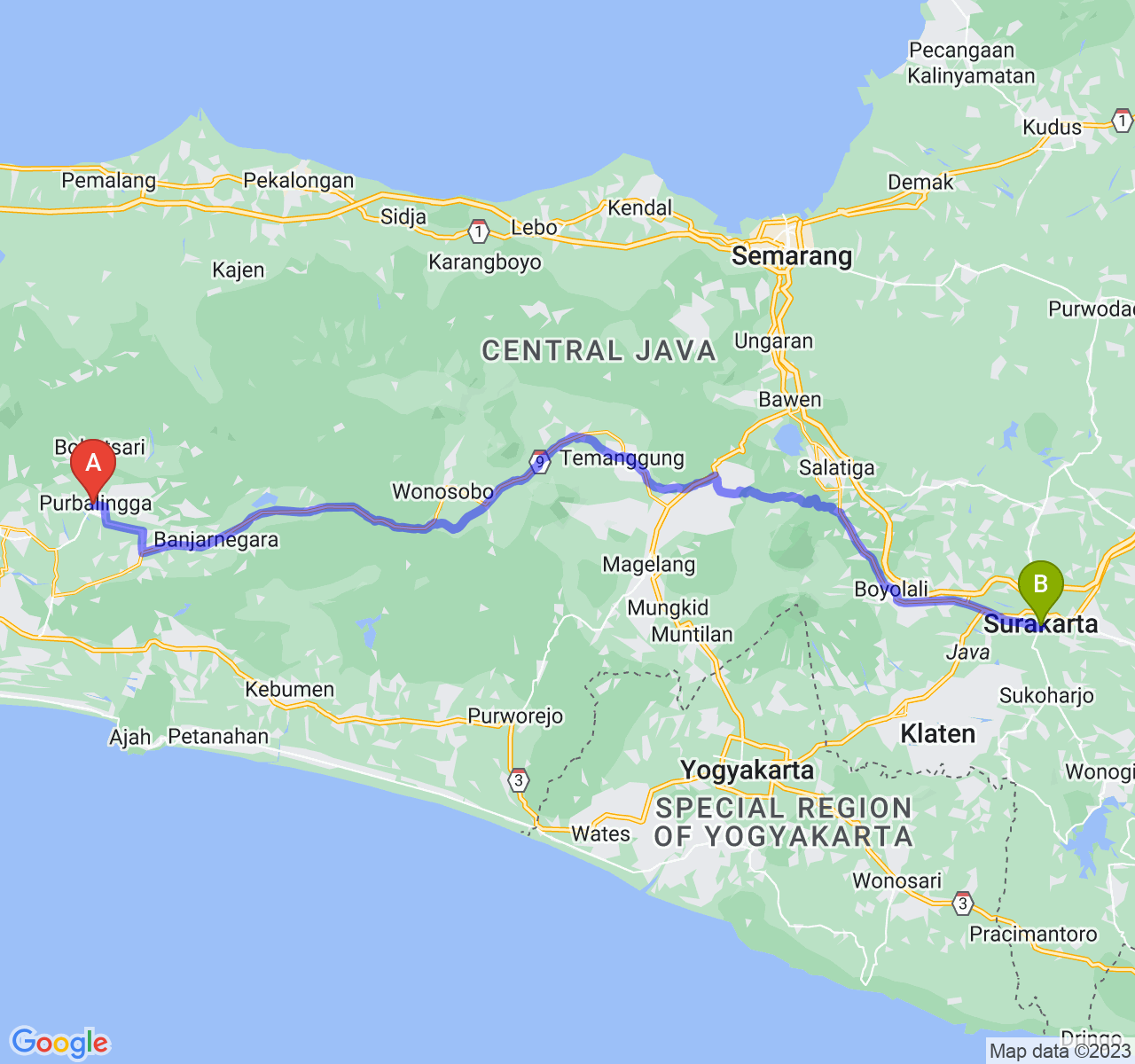 rute perjalanan Kab. Purbalingga-Kota Surakarta