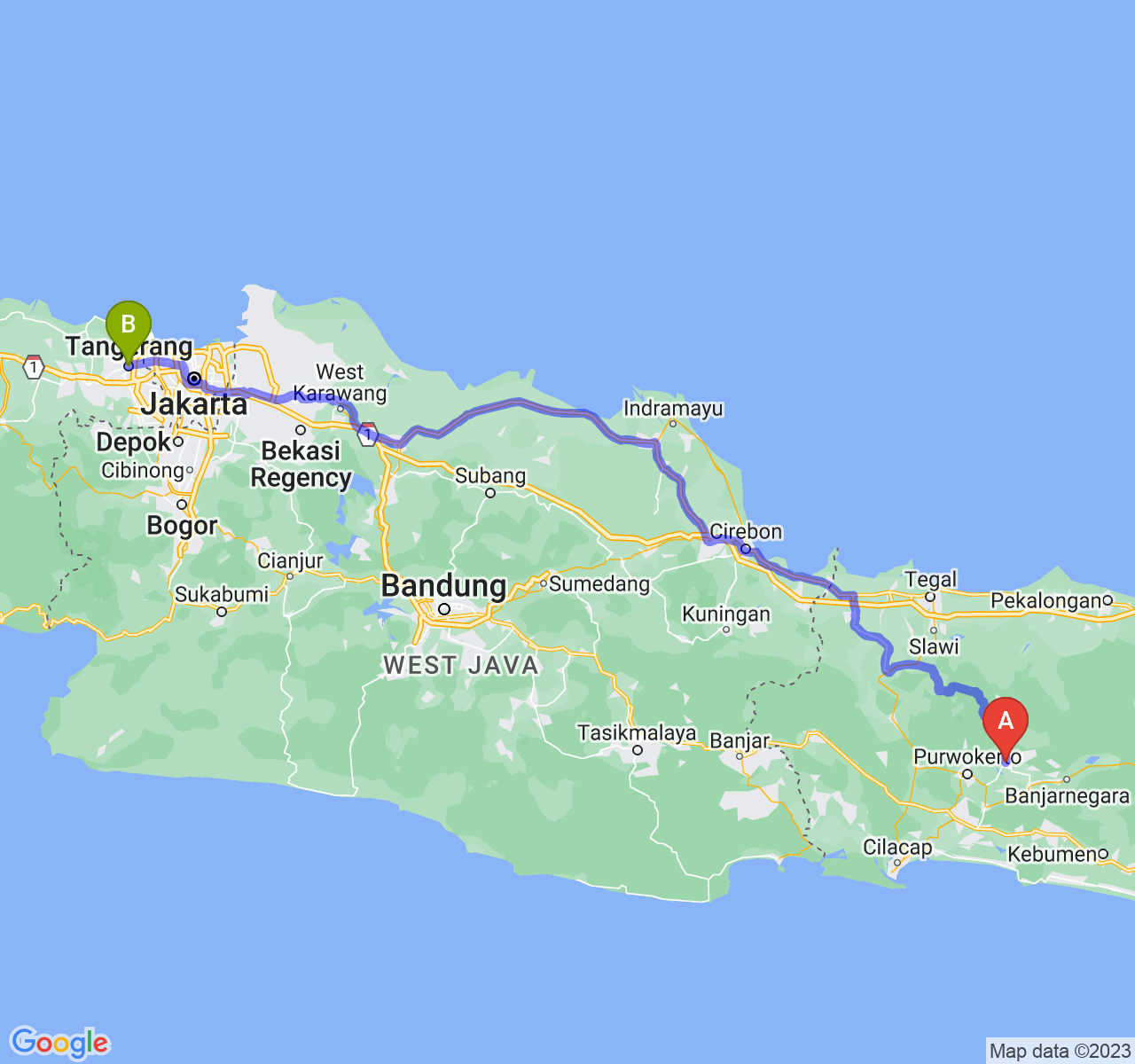 rute perjalanan Kab. Purbalingga-Kota Tangerang