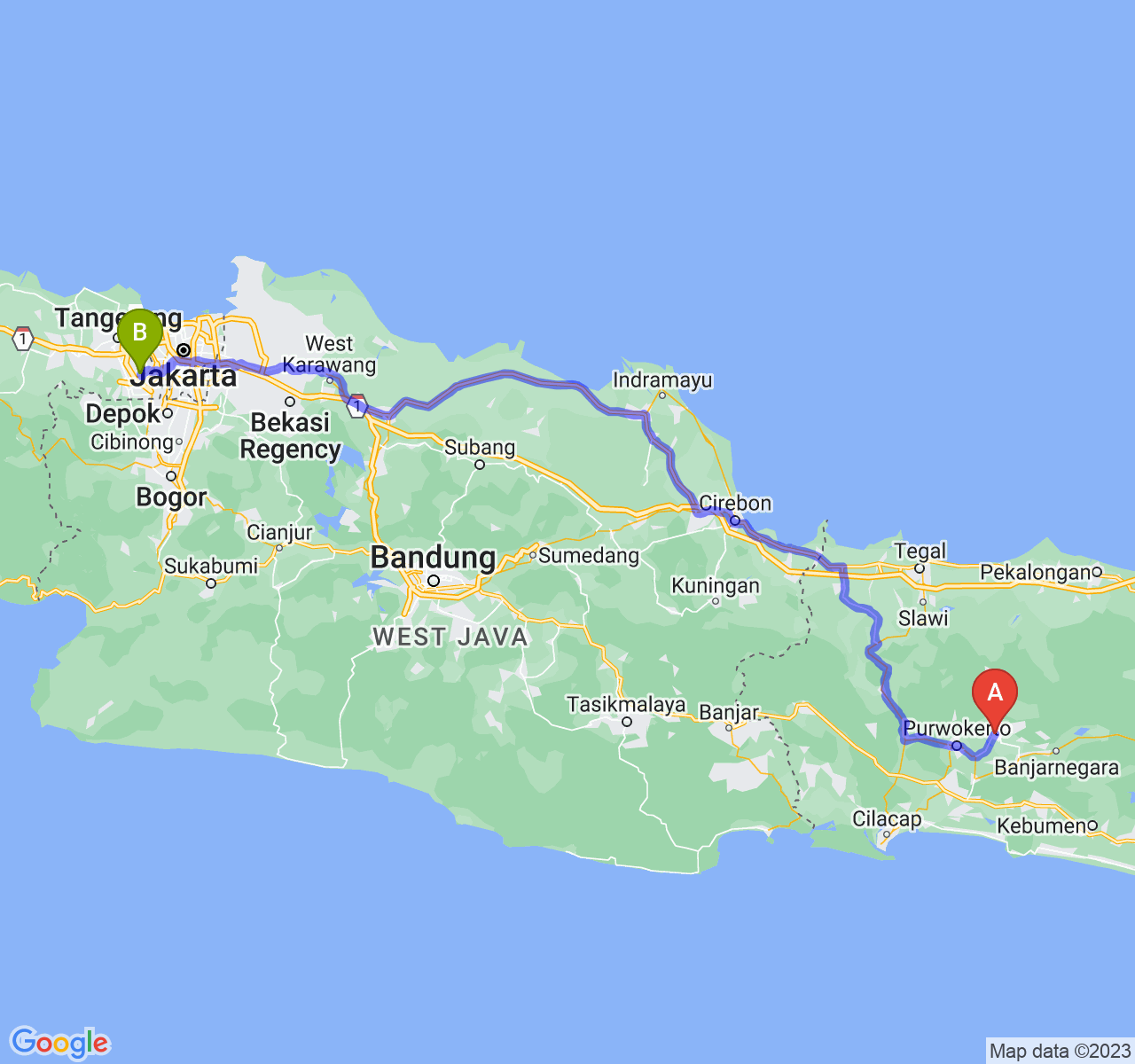 rute perjalanan Kab. Purbalingga-Kota Tangerang Selatan