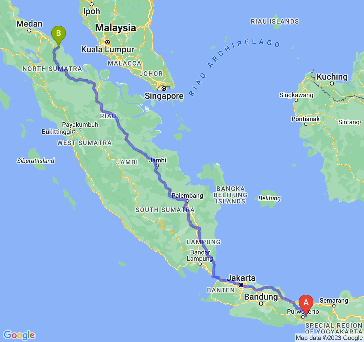 rute perjalanan Kab. Purbalingga-Kota Tanjung Balai