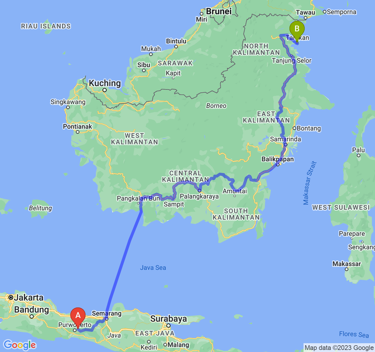 rute perjalanan Kab. Purbalingga-Kota Tarakan