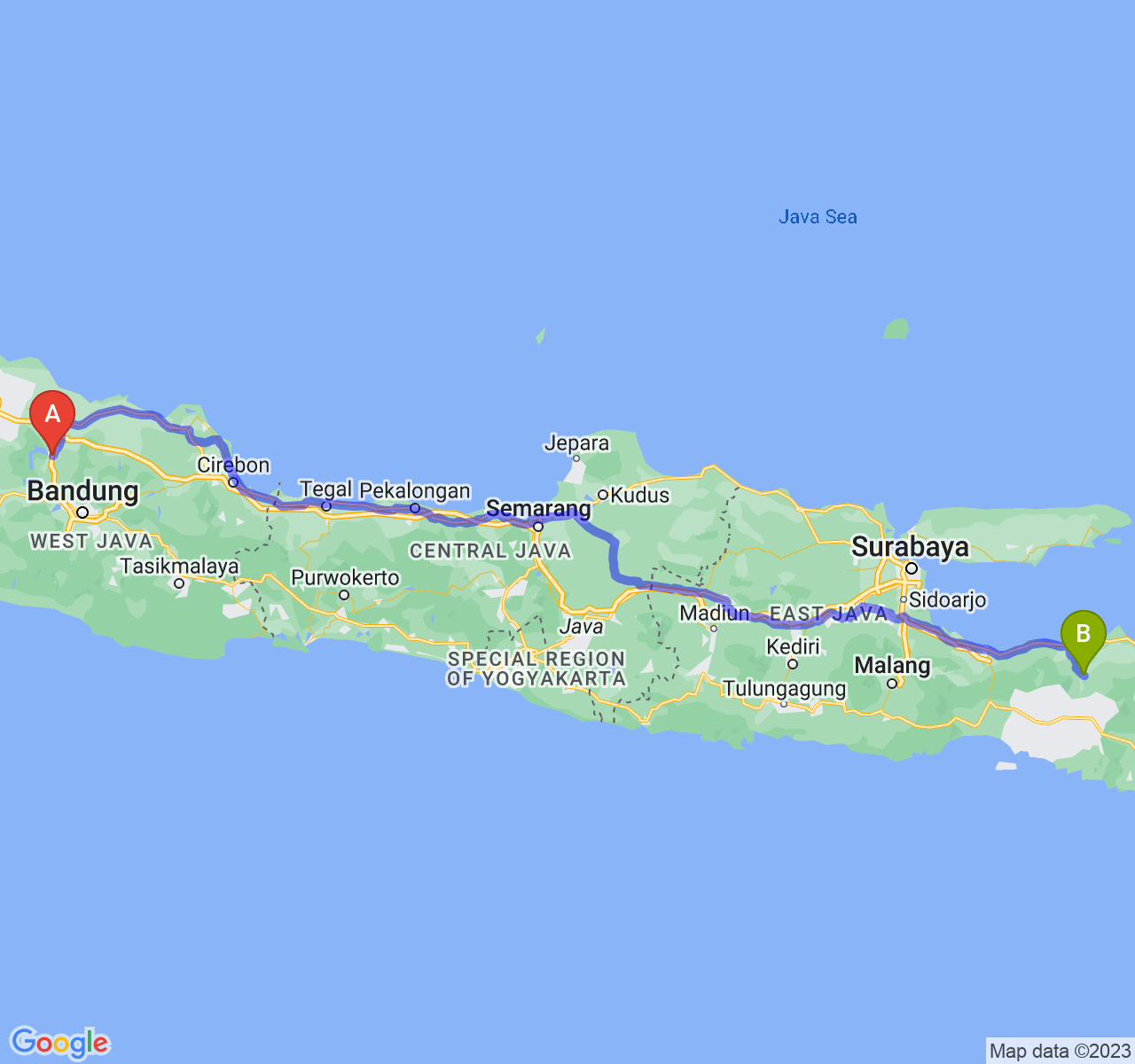 rute perjalanan Kab. Purwakarta-Kab. Bondowoso