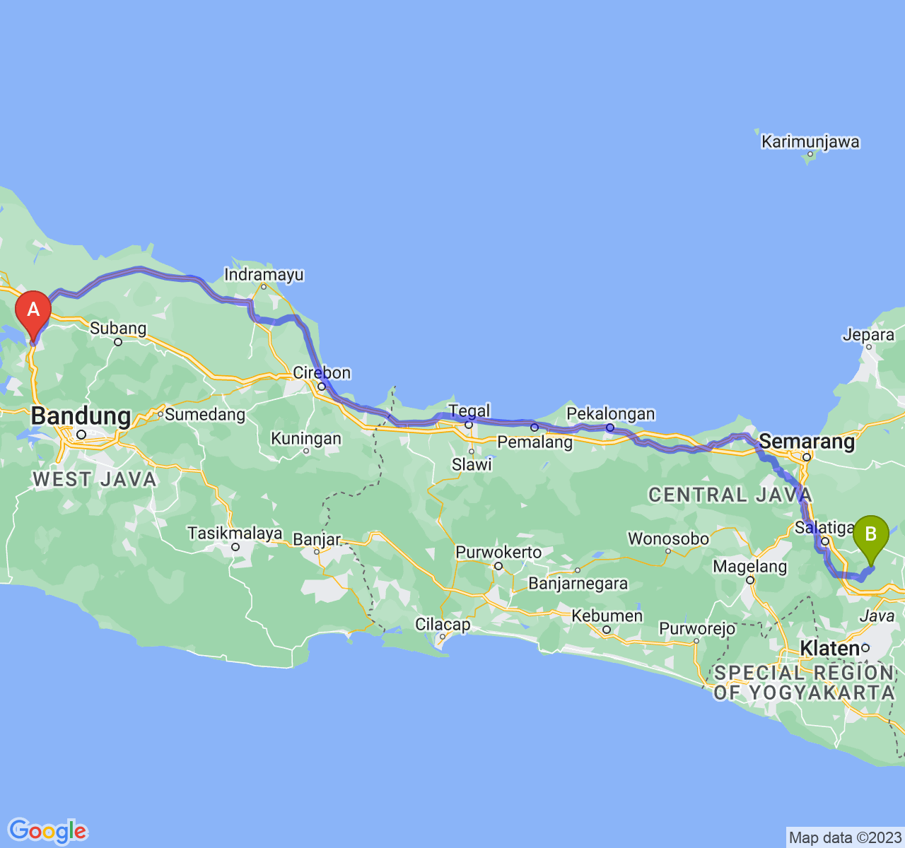 rute perjalanan Kab. Purwakarta-Kab. Boyolali