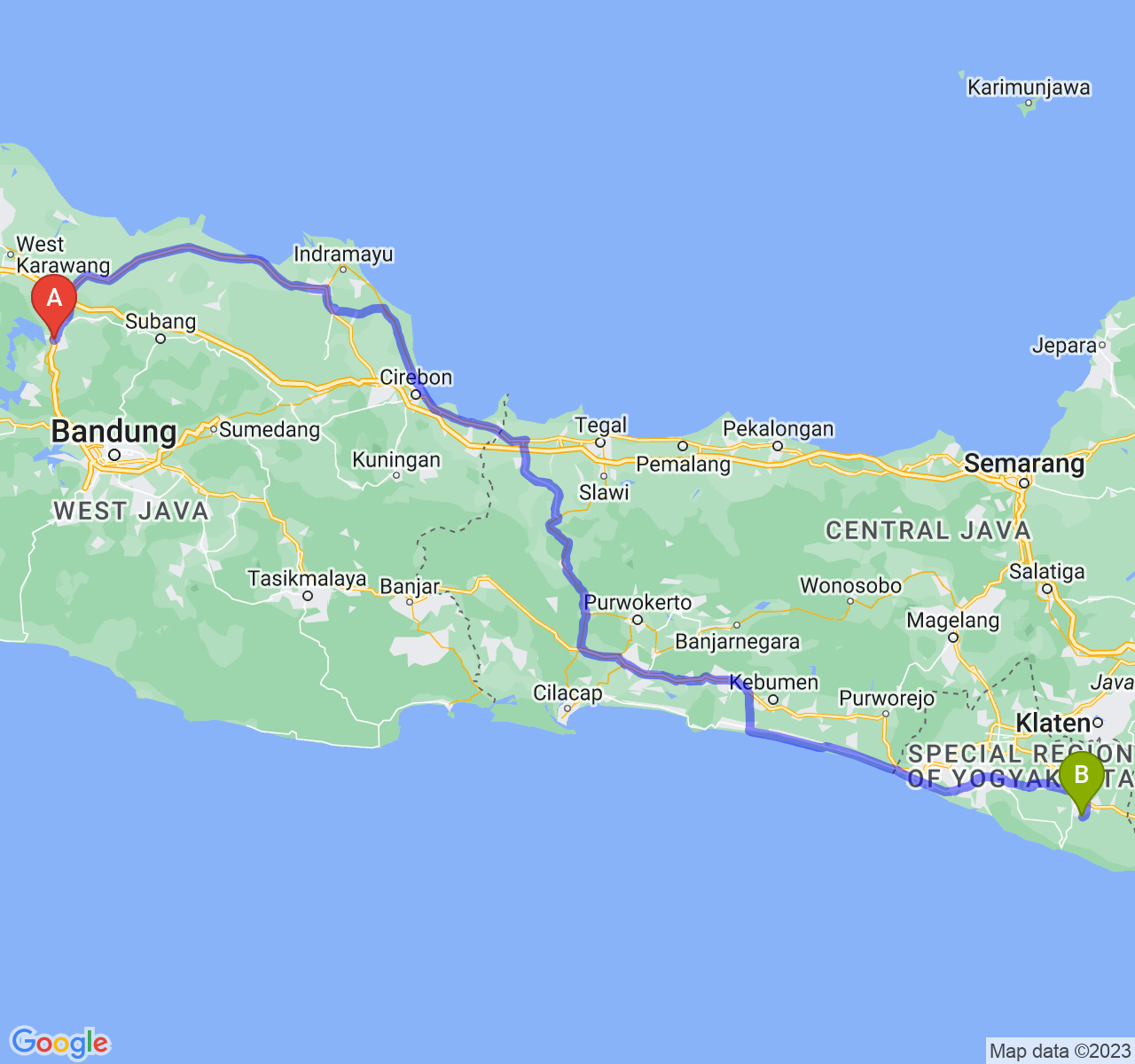 rute perjalanan Kab. Purwakarta-Kab. Gunung Kidul