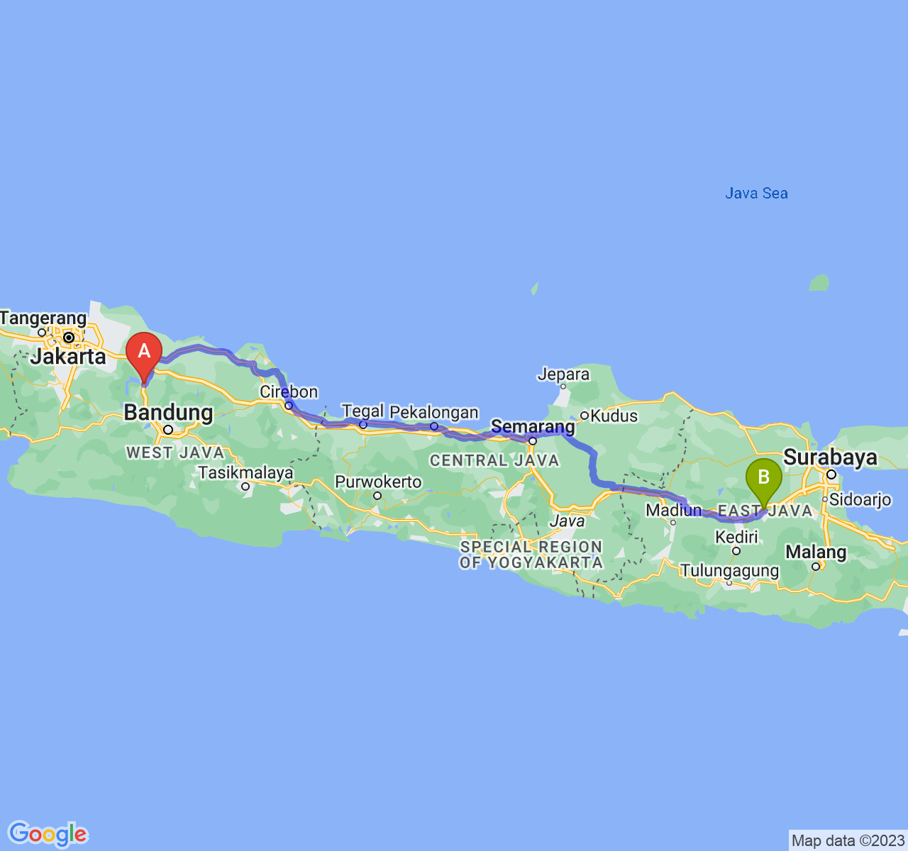 rute perjalanan Kab. Purwakarta-Kab. Jombang