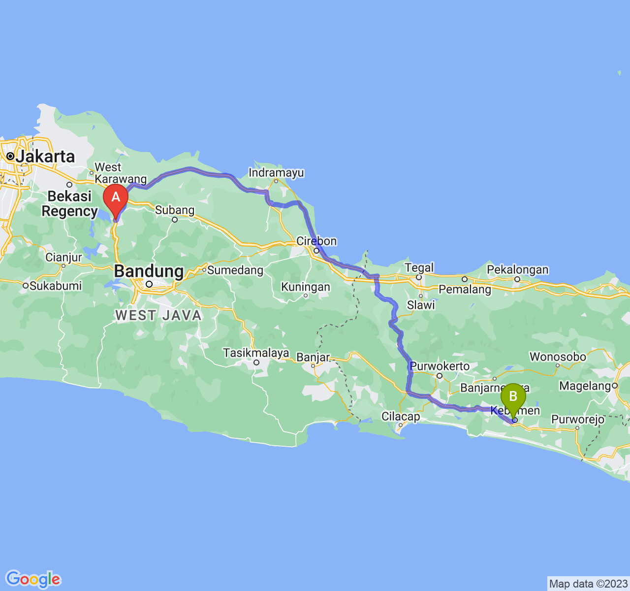 rute perjalanan Kab. Purwakarta-Kab. Kebumen