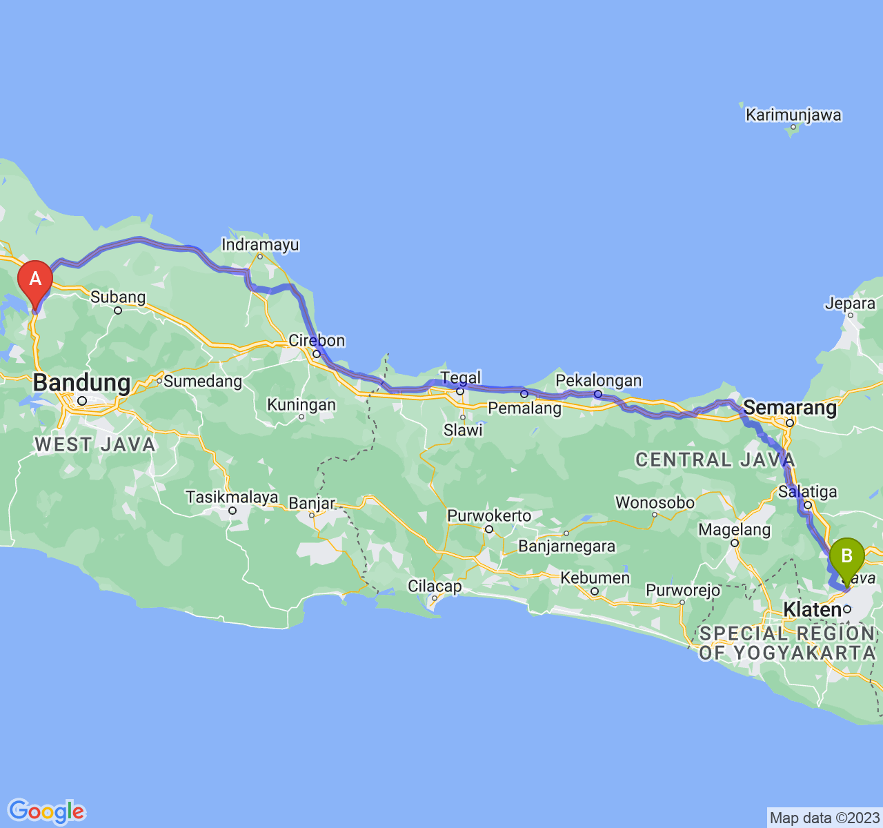 rute perjalanan Kab. Purwakarta-Kab. Klaten