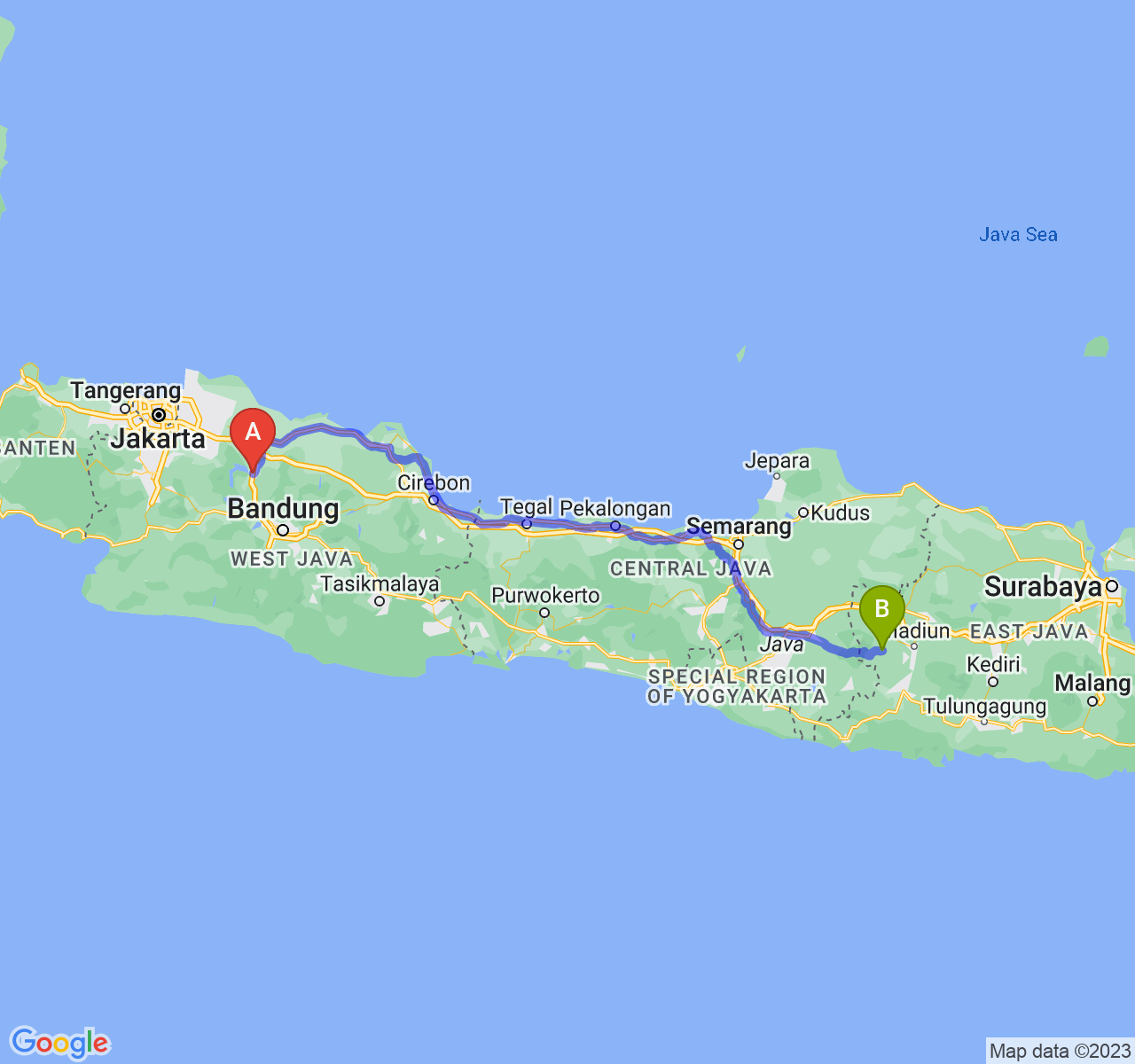 rute perjalanan Kab. Purwakarta-Kab. Magetan