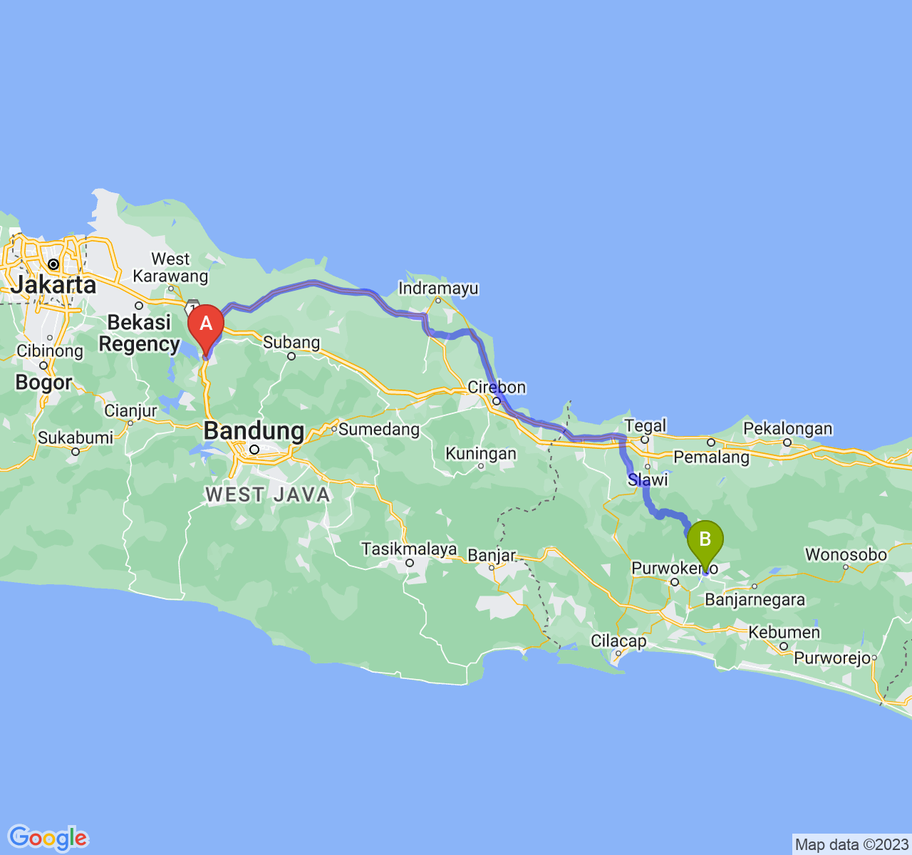 rute perjalanan Kab. Purwakarta-Kab. Purbalingga