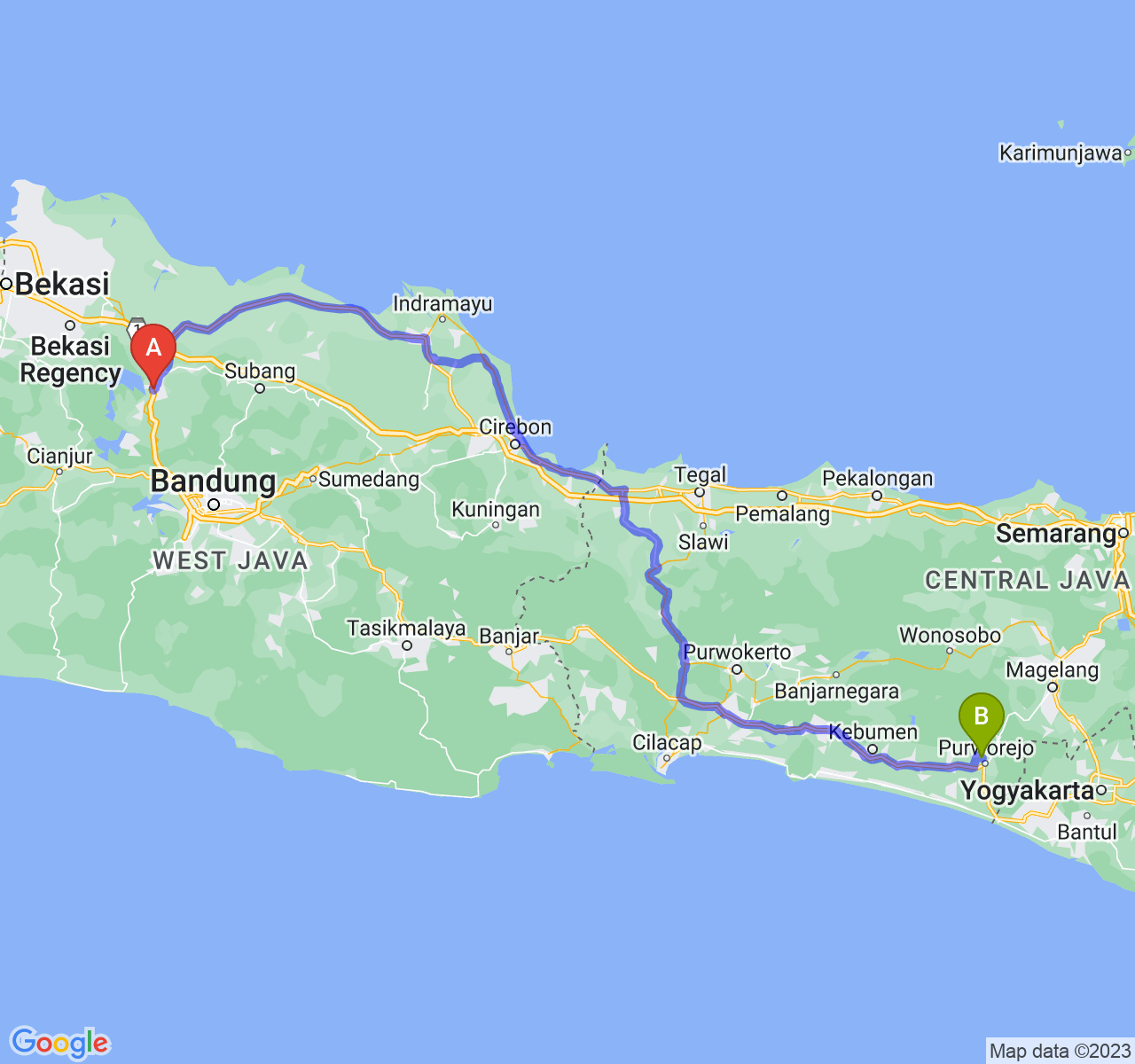 rute perjalanan Kab. Purwakarta-Kab. Purworejo