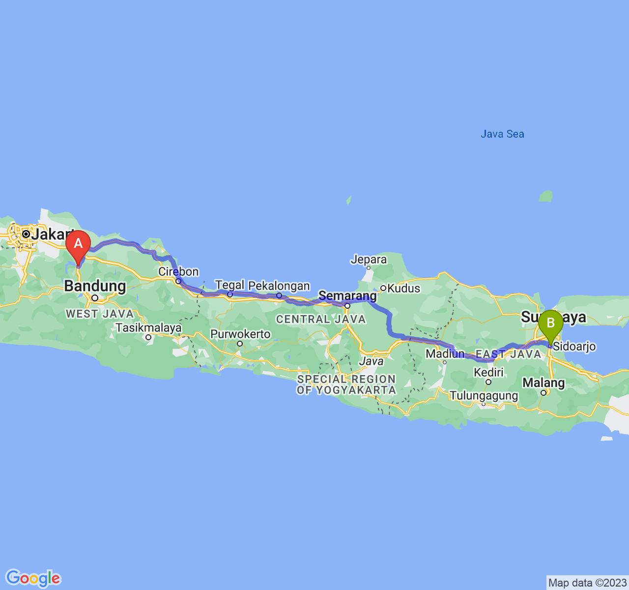 rute perjalanan Kab. Purwakarta-Kab. Sidoarjo