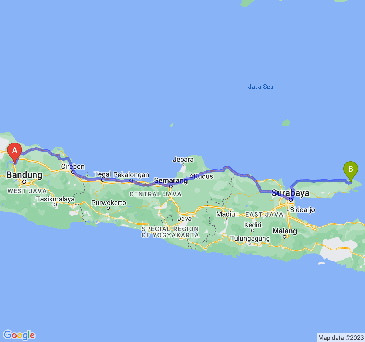 rute perjalanan Kab. Purwakarta-Kab. Sumenep