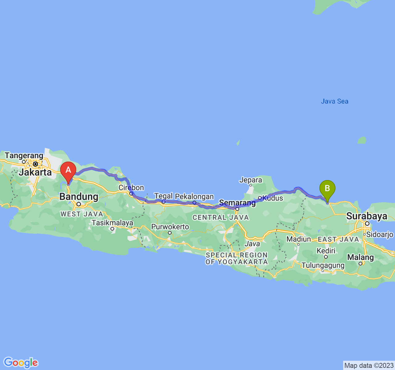 rute perjalanan Kab. Purwakarta-Kab. Tuban