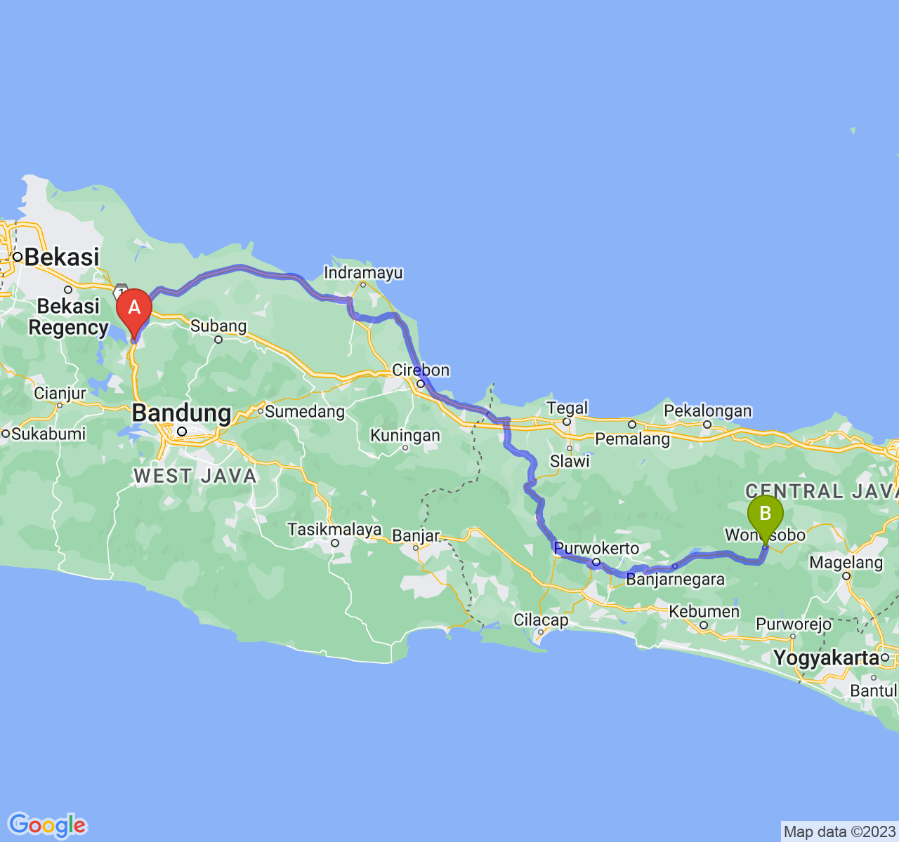 rute perjalanan Kab. Purwakarta-Kab. Wonosobo