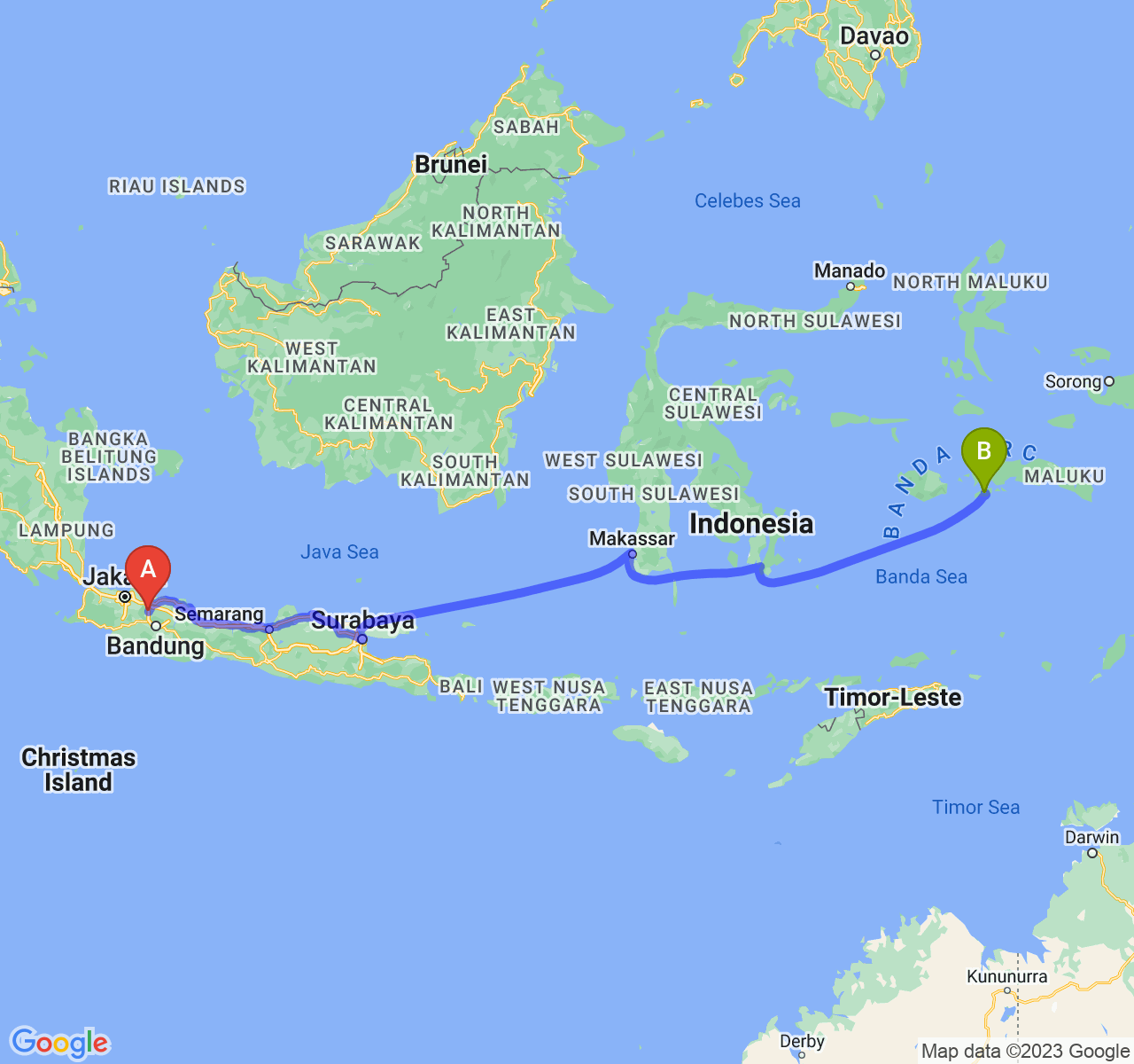 rute perjalanan Kab. Purwakarta-Kota Ambon