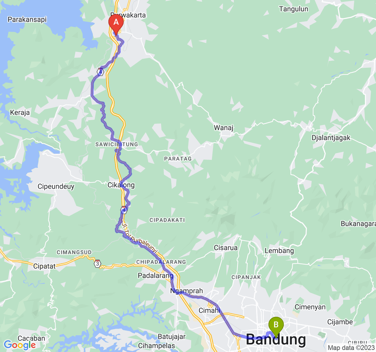 rute perjalanan Kab. Purwakarta-Kota Bandung