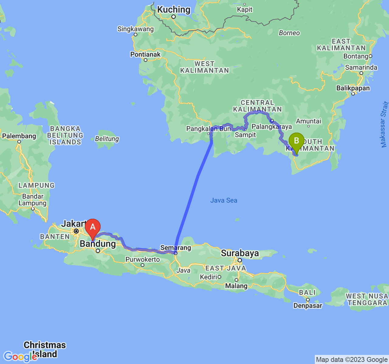 rute perjalanan Kab. Purwakarta-Kota Banjarbaru