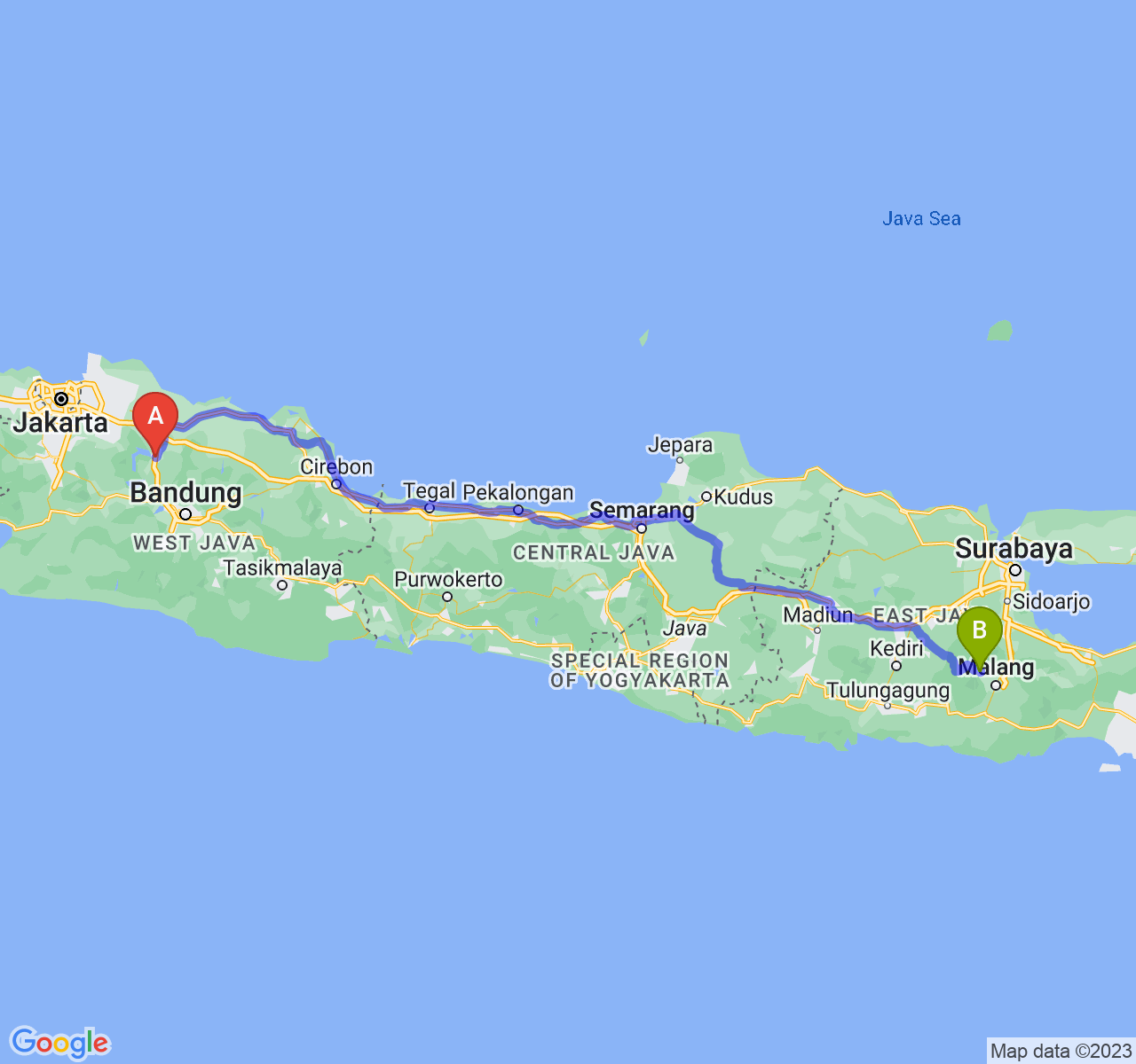 rute perjalanan Kab. Purwakarta-Kota Batu