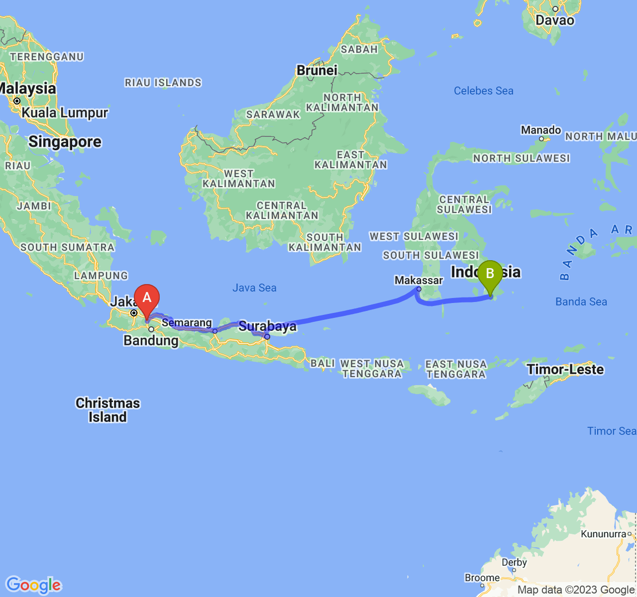 rute perjalanan Kab. Purwakarta-Kota Baubau