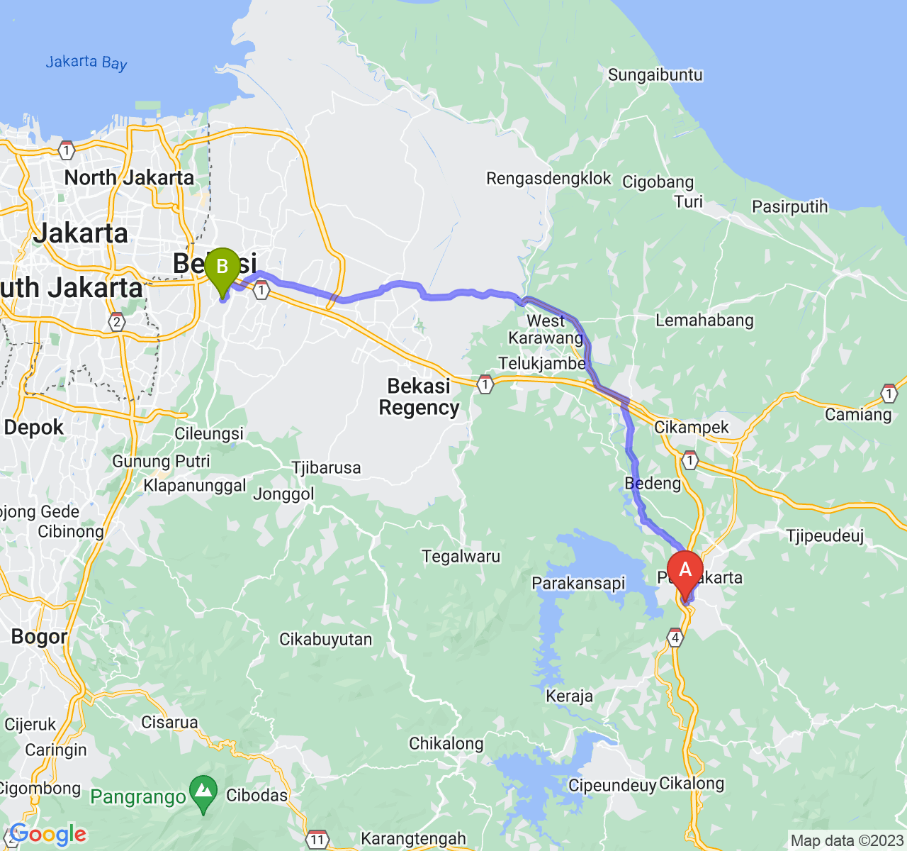 rute perjalanan Kab. Purwakarta-Kota Bekasi