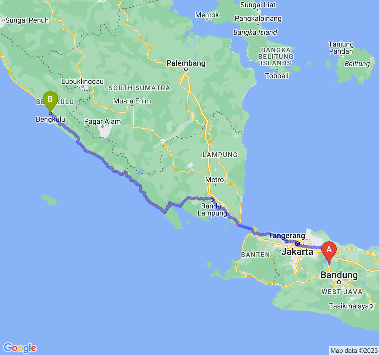 rute perjalanan Kab. Purwakarta-Kota Bengkulu