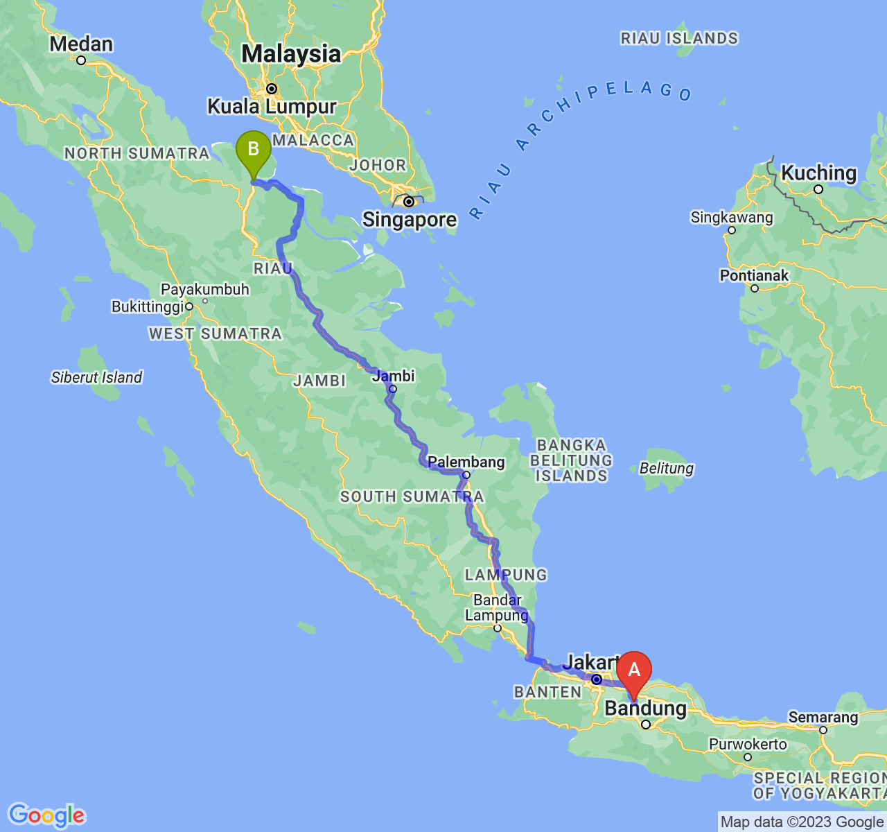 rute perjalanan Kab. Purwakarta-Kota Dumai