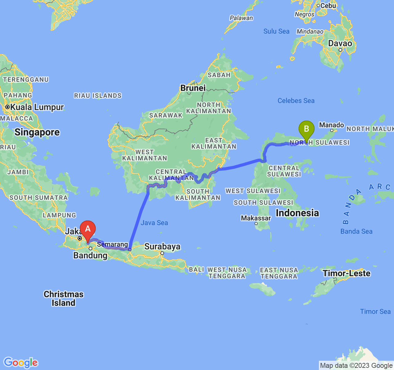 rute perjalanan Kab. Purwakarta-Kota Gorontalo