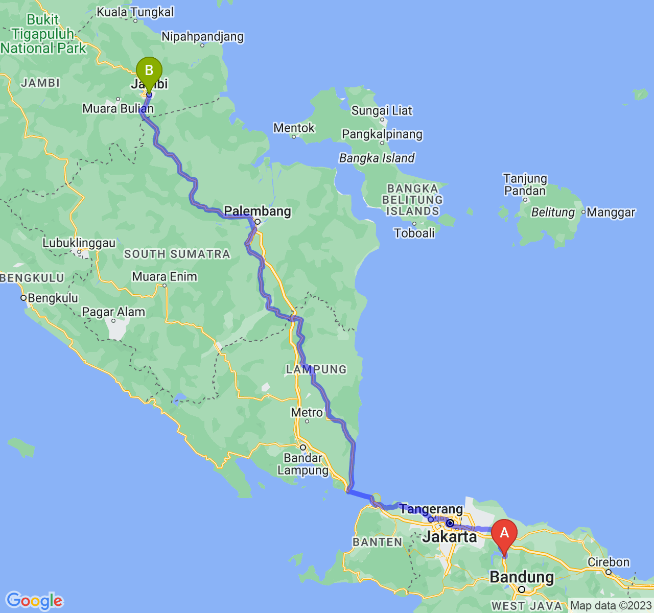 rute perjalanan Kab. Purwakarta-Kota Jambi