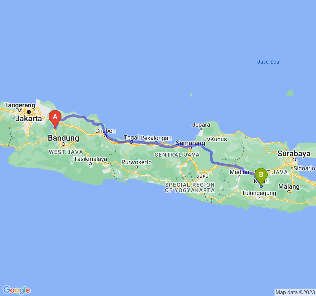 rute perjalanan Kab. Purwakarta-Kota Kediri