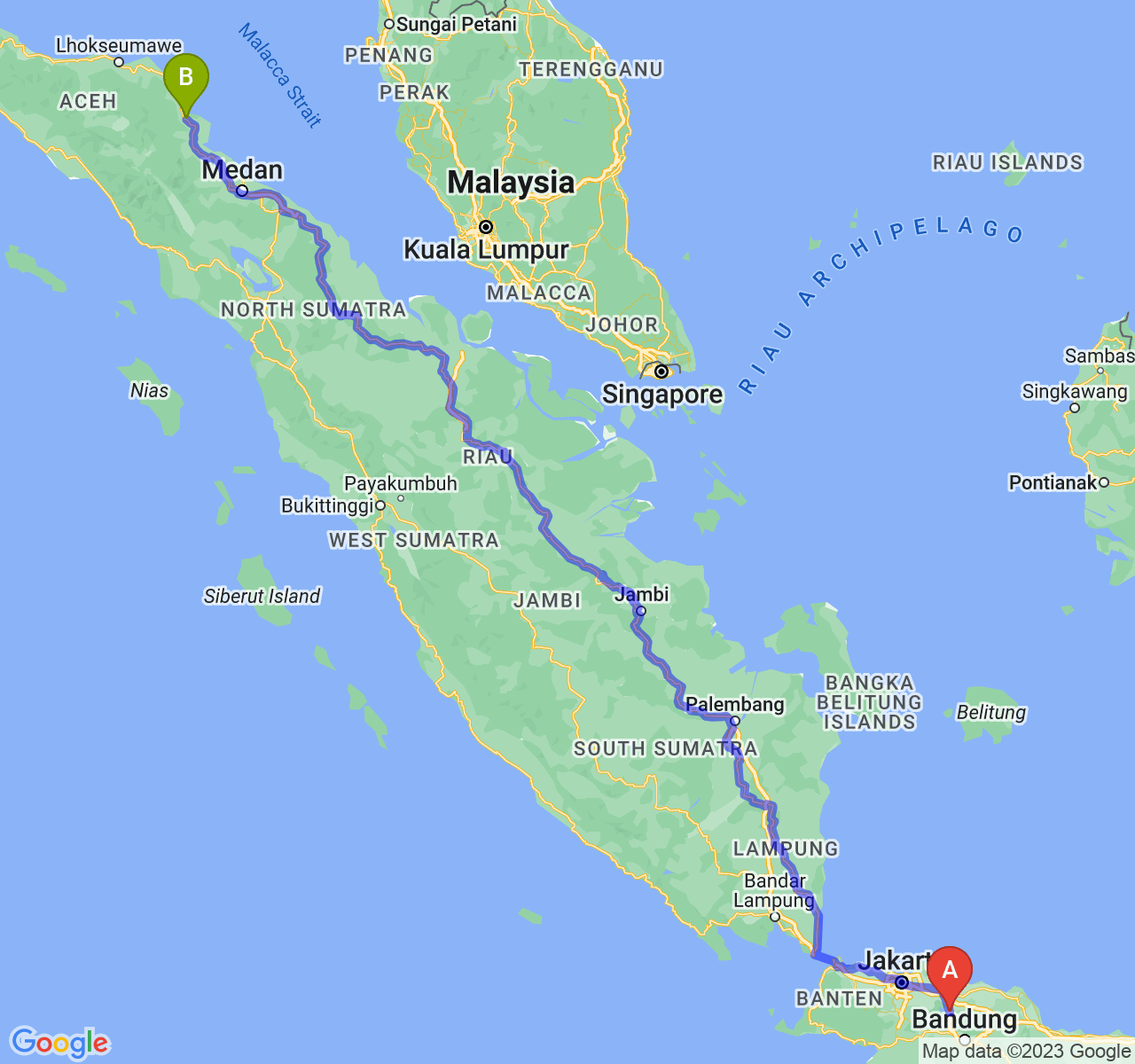 rute perjalanan Kab. Purwakarta-Kota Langsa