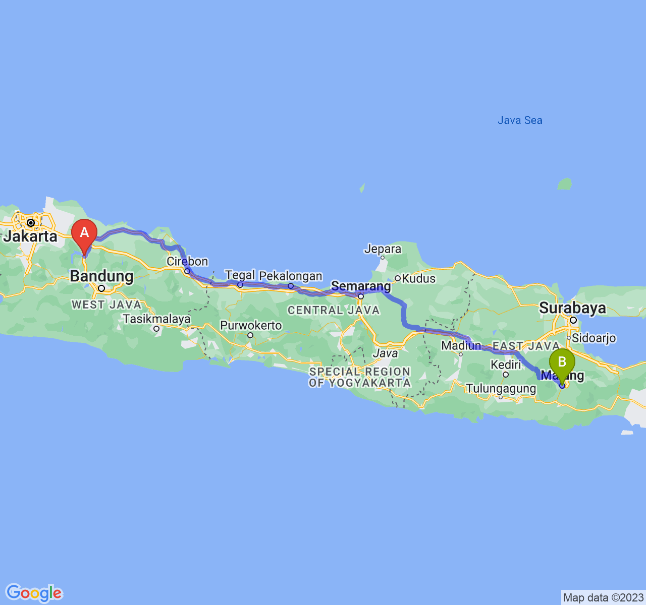 rute perjalanan Kab. Purwakarta-Kota Malang