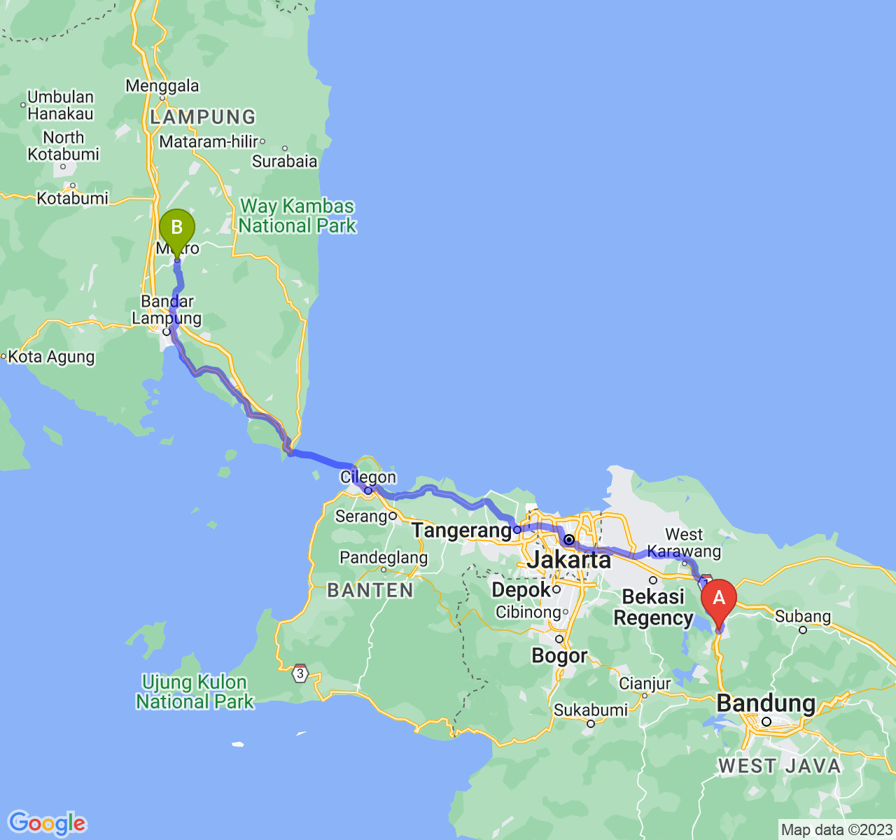 rute perjalanan Kab. Purwakarta-Kota Metro