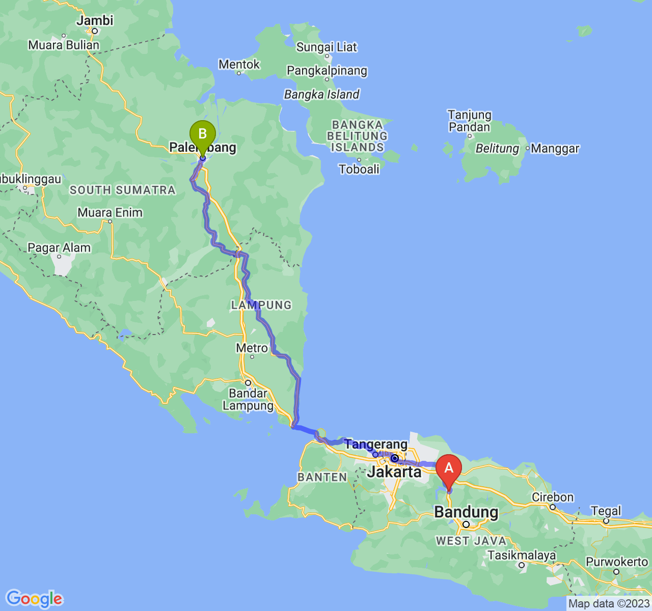 rute perjalanan Kab. Purwakarta-Kota Palembang