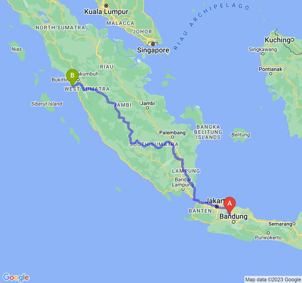 rute perjalanan Kab. Purwakarta-Kota Pariaman