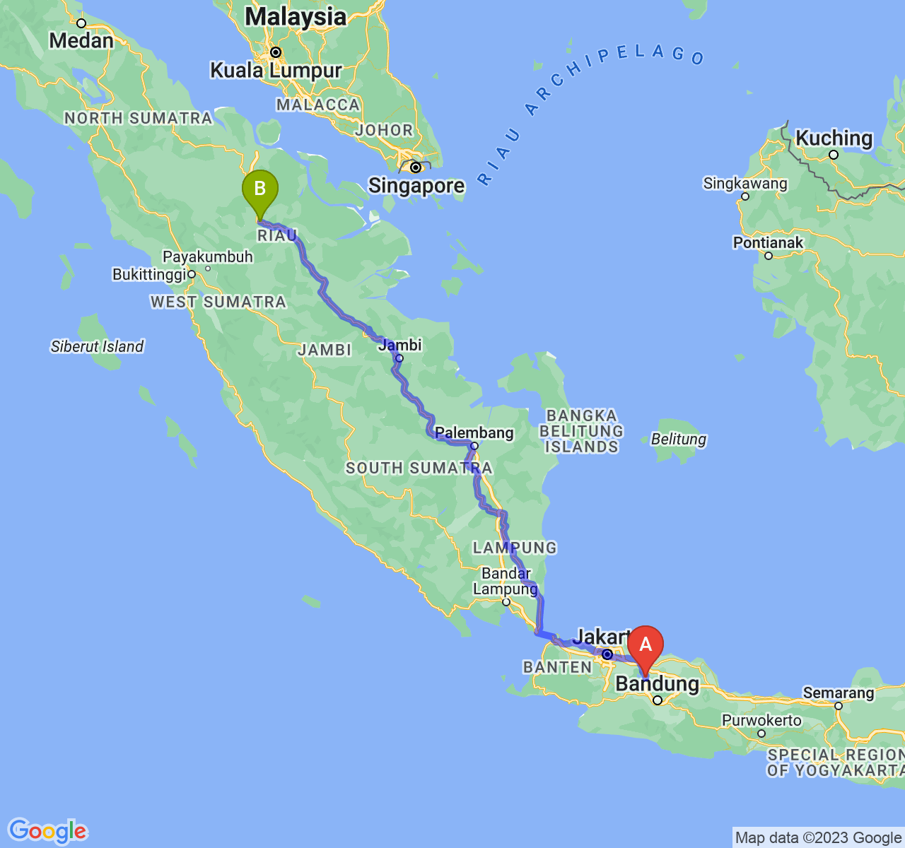 rute perjalanan Kab. Purwakarta-Kota Pekanbaru