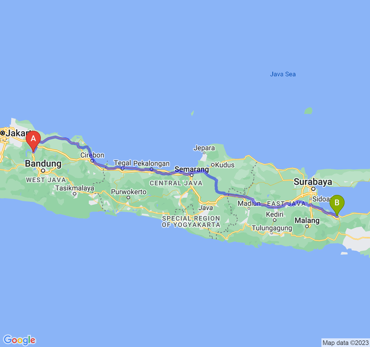 rute perjalanan Kab. Purwakarta-Kota Probolinggo