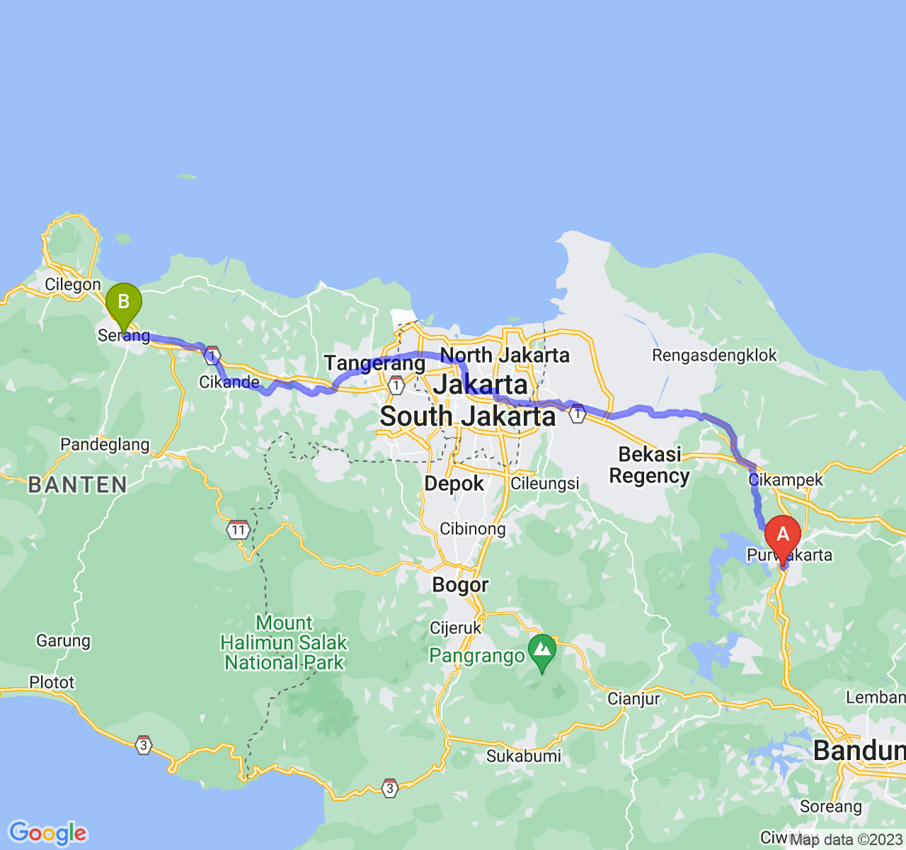 rute perjalanan Kab. Purwakarta-Kota Serang