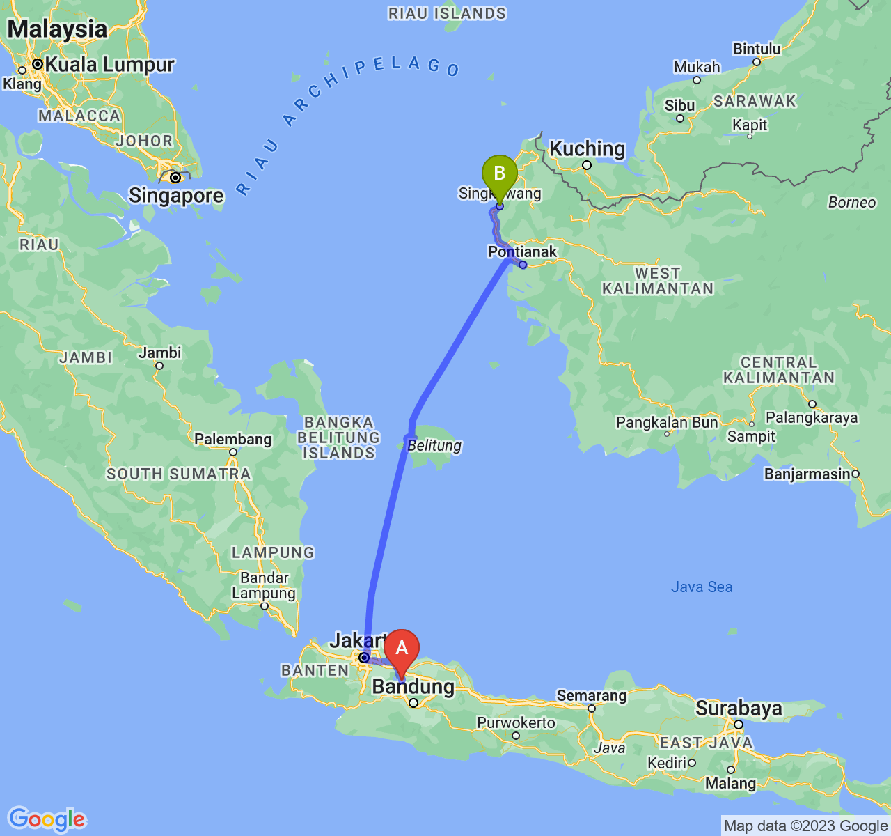 rute perjalanan Kab. Purwakarta-Kota Singkawang