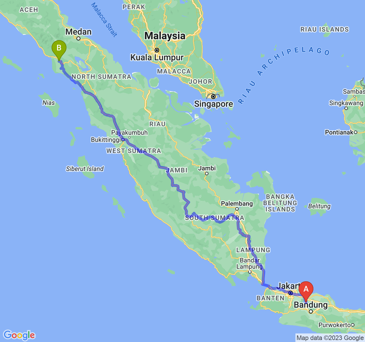 rute perjalanan Kab. Purwakarta-Kota Subulussalam