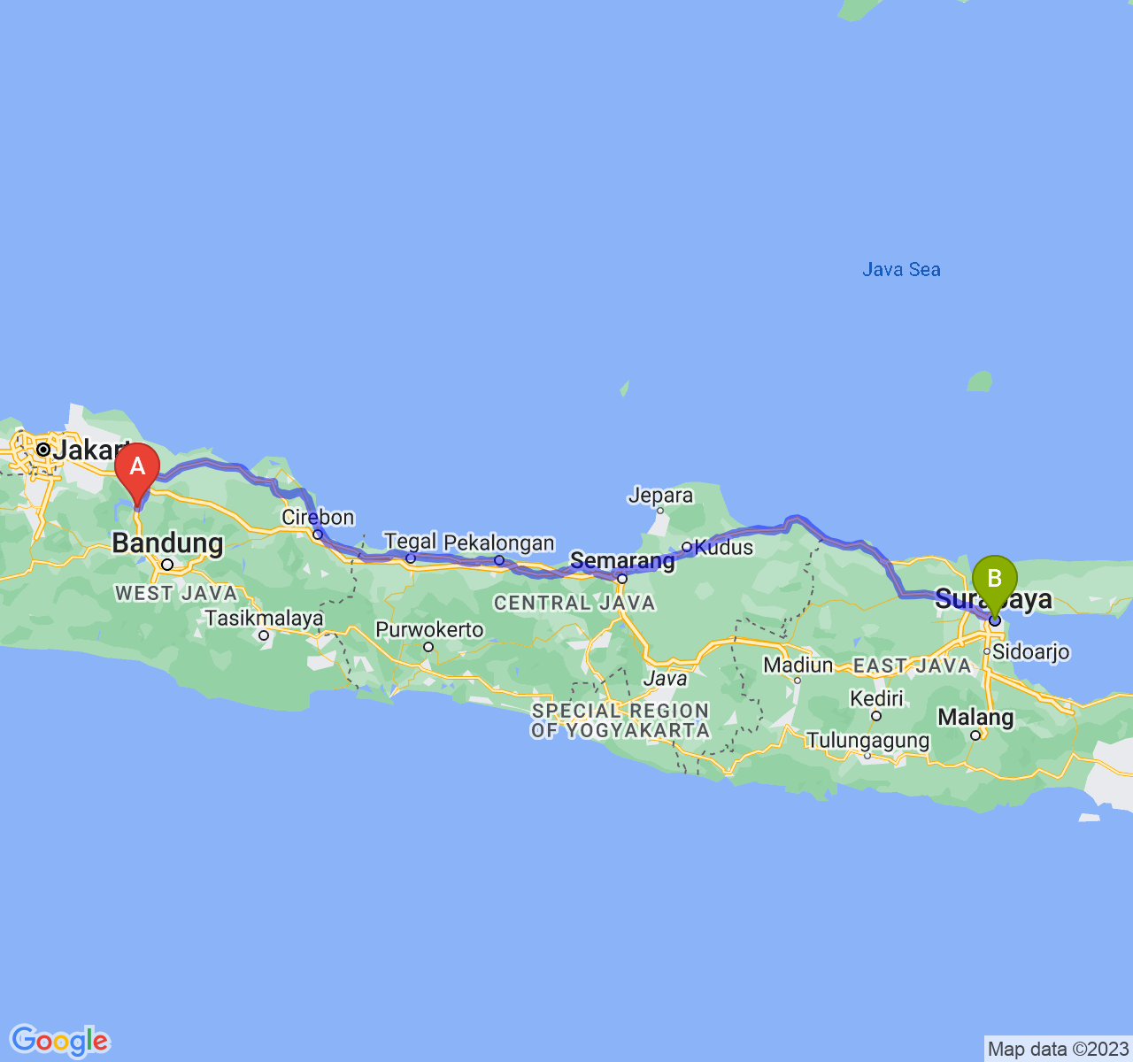 rute perjalanan Kab. Purwakarta-Kota Surabaya