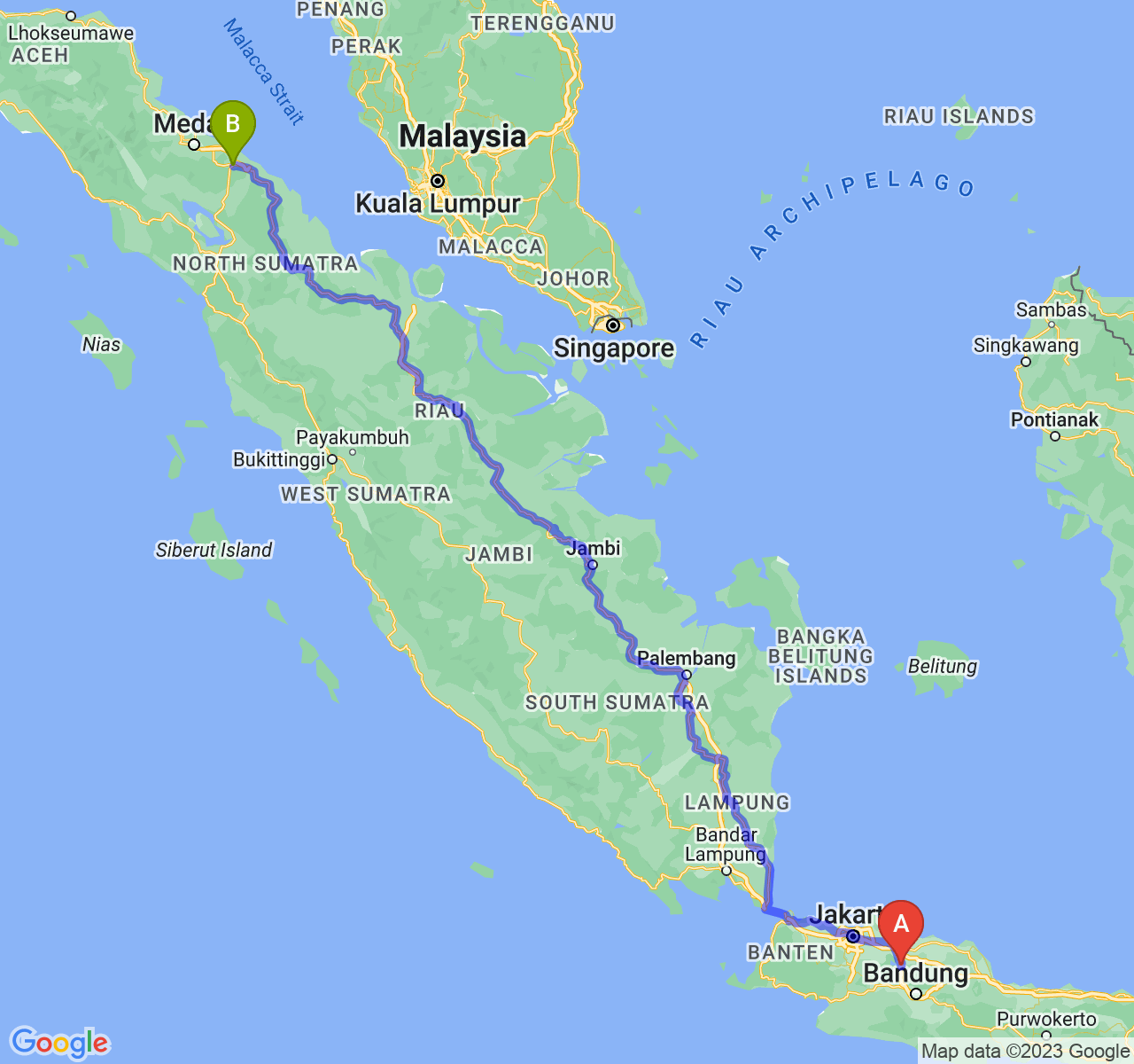 rute perjalanan Kab. Purwakarta-Kota Tebing Tinggi