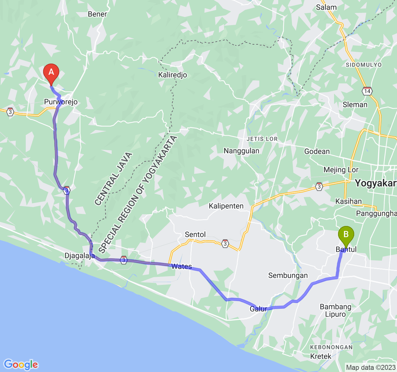 rute perjalanan Kab. Purworejo-Kab. Bantul